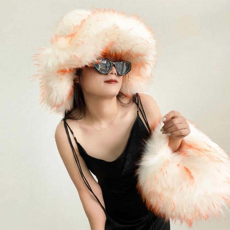 Y2k Hot Girls Small Half Moon Bag Set Women Luxury Furry Wrist Handbag Gothic Punk Faux Raccoon Fur Clutch Purses Bags With Hat