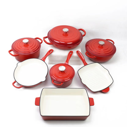 Customized 7-Piece Cast Iron Cookware Set Red Enamel Coated Kitchen Casserole Pot Durable Minimalist Metal Design Low MOQ