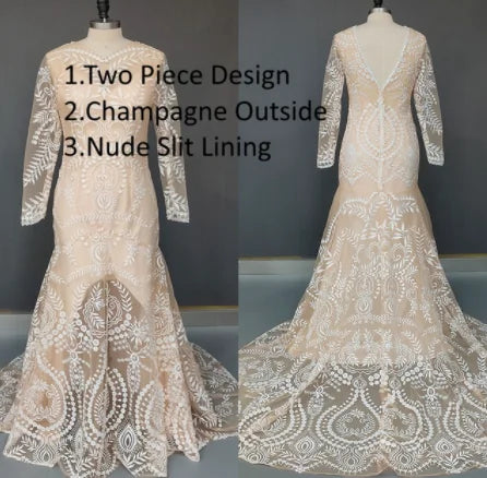 #4055 2 Piece in 1 BOHO Bohemian Long Sleeve Destination Wedding Dress Appliques Lace Wedding Shoot Post Bridal Gown REAL PHOTO