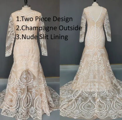 #4055 2 Piece in 1 BOHO Bohemian Long Sleeve Destination Wedding Dress Appliques Lace Wedding Shoot Post Bridal Gown REAL PHOTO
