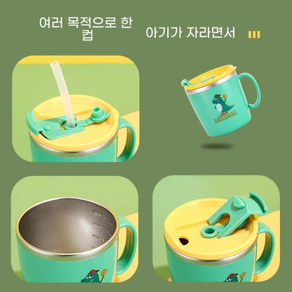 Stock 304 Stainless Steel Children's Water Cup with Cover Double Anti-scalding Anti-drop Cartoon Milk Cup Straw Thermos Cup