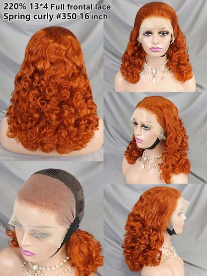 Wholesale 13*4 Full Frontal Lace Spring Curly Brazilian Wig 16 Inch 220% Density 99J Raw Human Hair Wig for Black Women