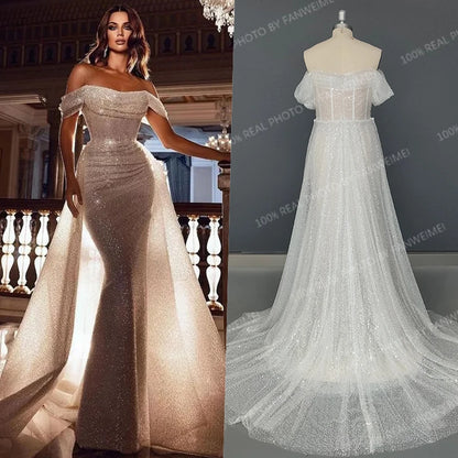 11940# Off-Shoulder Bohemian Shiny Lace Beach Mermaid Wedding Dress Short Sleeves Detachable Train Wedding Dress Bridal Gown