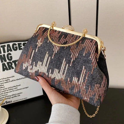 Women Denim Sequin Metal Handbags and Purse Crystal Chain Shoulder Bags Lady Party Clip Shell Designer Luxury Evening Clutch