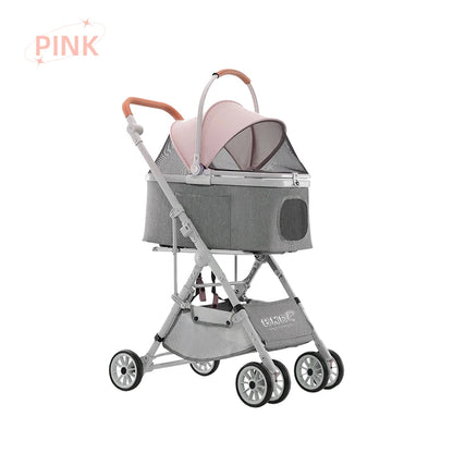 Luxury Easy Fold Removable Liner Waterproof Adjustable Storage Basket Pet Stroller 4 Wheel 15kg Capacity for Dogs/Cats Aluminum