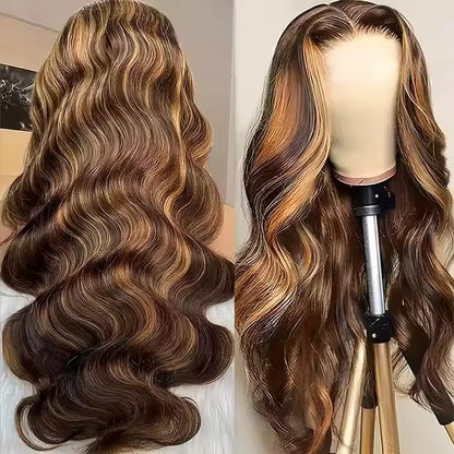 Highlight Human Hair Wigs Body Wave 4x4 HD Transparent Lace Front Wig Pre Plucked Ombre Brown Blonde Vietnamese Hair Wig