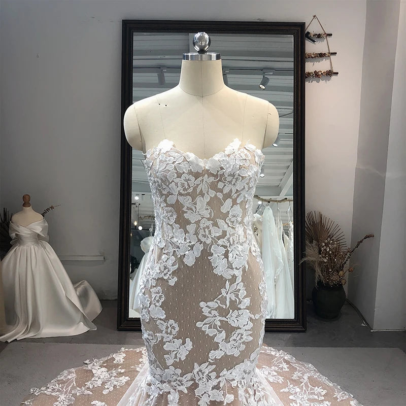 RL014  Latest Design Mermaid Wedding Dress Sexy Tube Top Lace Double Sided Embroidered Plus Size Wedding Dress