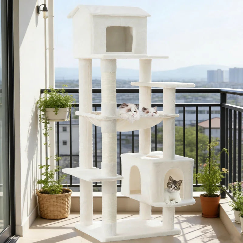 Modern Luxury Large Beige  Multi Layer Plush Cat Tree with Hammock Grab Post Carton Packed for 4-5 Cats Free Shipping US
