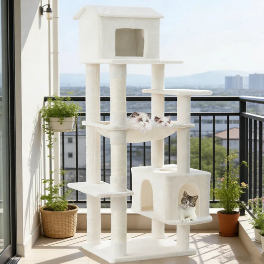Modern Luxury Large Beige  Multi Layer Plush Cat Tree with Hammock Grab Post Carton Packed for 4-5 Cats Free Shipping US