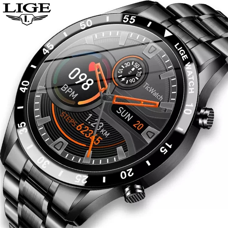 LIGE 2020 Men's Bw0189 Full Touch Screen Smartwatch IP67 Waterproof Sports Fitness Watch Stainless Steel Compatible Android iOS