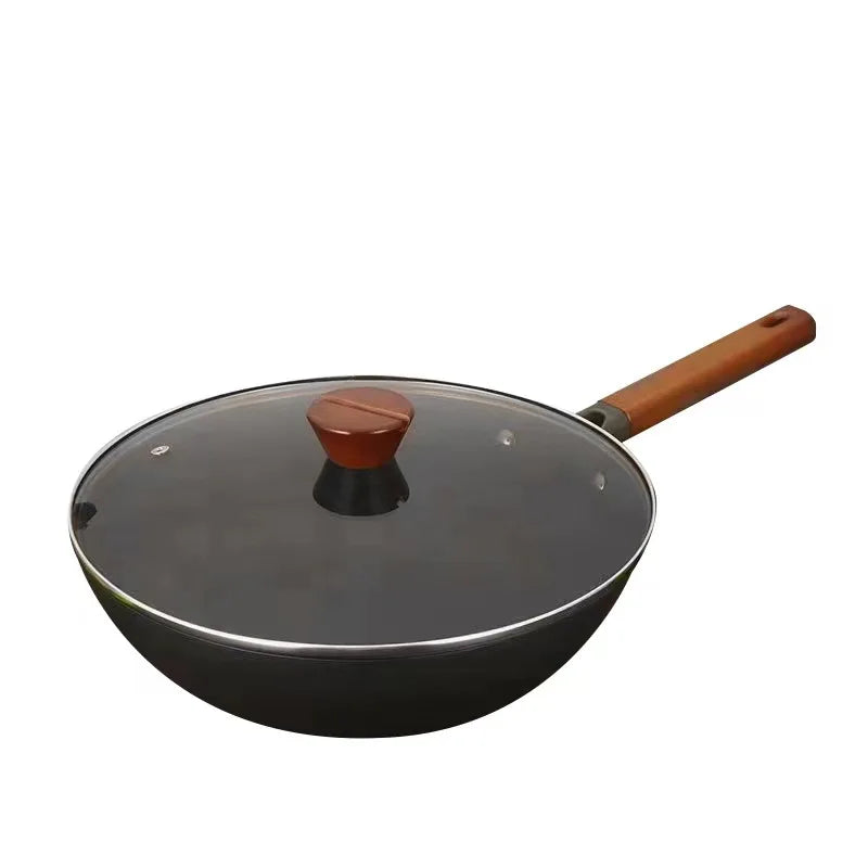 Extra Thick Nitrided Cast Iron Frying Pan Wood Grain Handle Tempered Glass Lid Non-Coated Non-Stick Surface CE Certified
