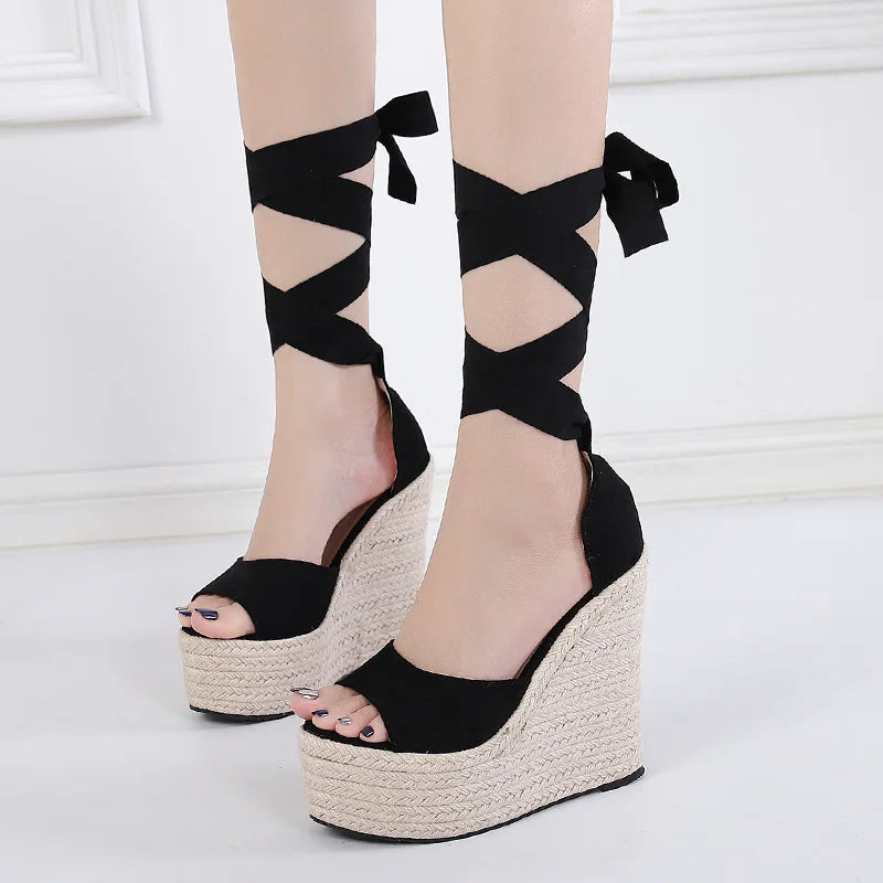 Zapatos De Plataforma De Las Mujeres Zapatillas Jute Ankle Strap Tie up Sexy Platform Sandals High Heels Wedges Shoes for Ladies