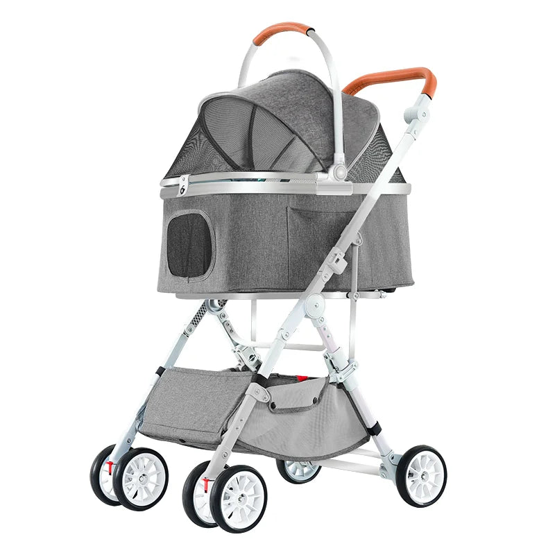 Luxury Easy Fold Removable Liner Waterproof Adjustable Storage Basket Pet Stroller 4 Wheel 15kg Capacity for Dogs/Cats Aluminum
