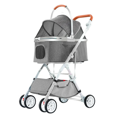 Luxury Easy Fold Removable Liner Waterproof Adjustable Storage Basket Pet Stroller 4 Wheel 15kg Capacity for Dogs/Cats Aluminum