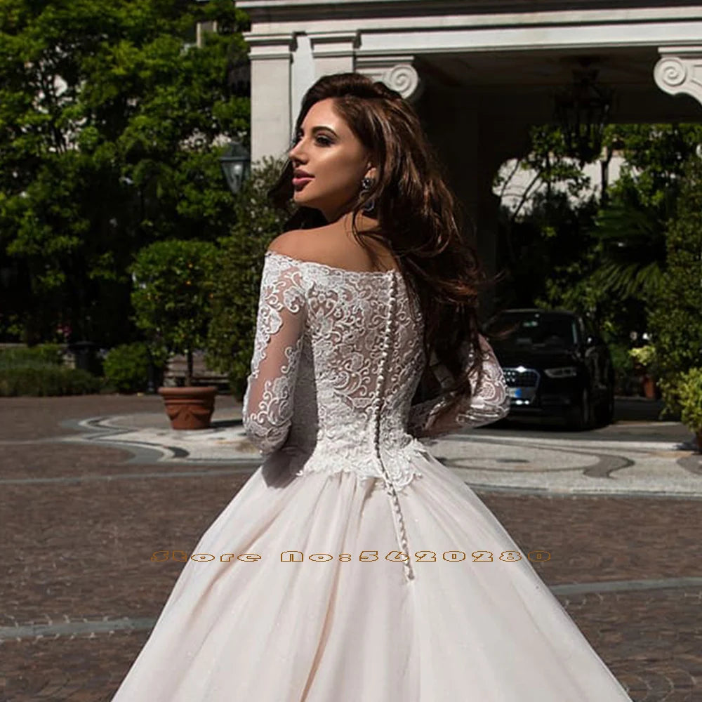 Custom Made Princess Ball Gown Wedding Dress Long Sleeve Vestido De Novia Princesa Boat Neck Buttons up Appliques Wedding Gowns