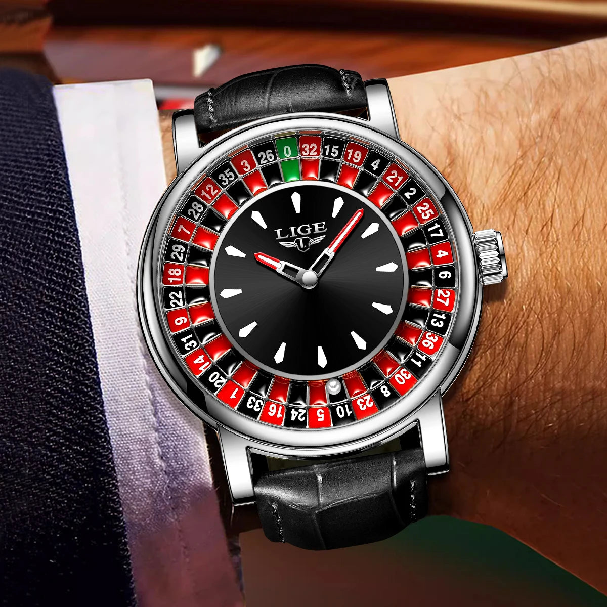 LIGE LG89161 Sample Quartz Movement Rotating Watch Gambling Disk Mens Watch Luminous Roulette Casino Watch Male Clock Custom OEM