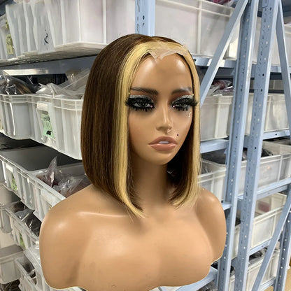 Short Medium Split Non-glue Human Hair Wig Double Straightened Bob Front Lace 6-12 Inches Black Transparent European Hair Mix