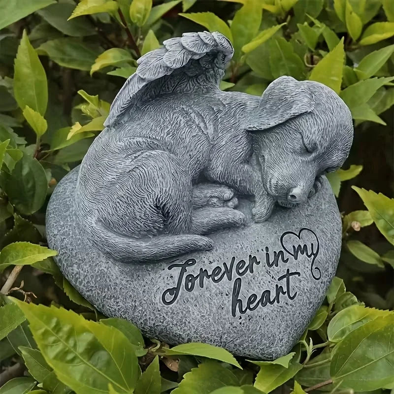 Puppy on Heart Resin Sculpture, Gray Sleeping Dog with Angel Wings Decor on Engraved Base, Pet Loss Sympathy Gift for Garden