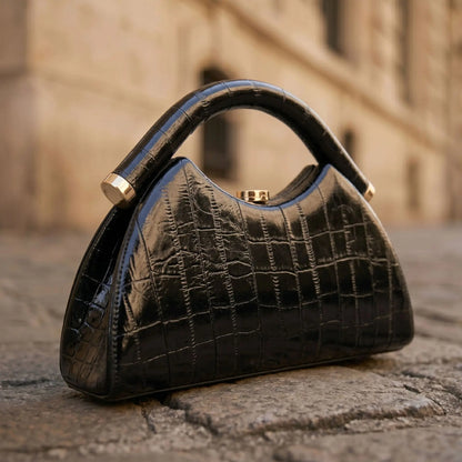 Black Glossy Croc Embossed Half Moon Top Handle Bag Women Curved U Shape Crocodile Hard Box Alligator Minimalist Gala Handbags
