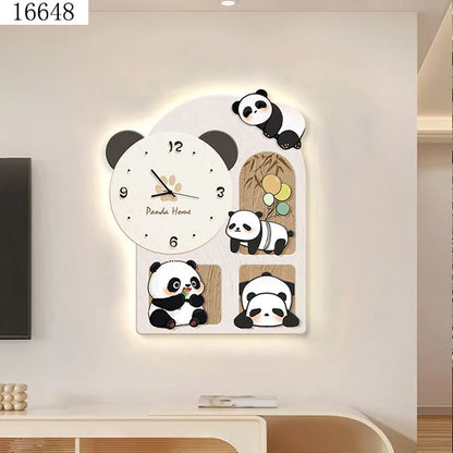 70*80CM Simplicity Panda Crystal Porcelain Modern Glass Wall Painting with Led Wall Clock for Home Decor Living Room