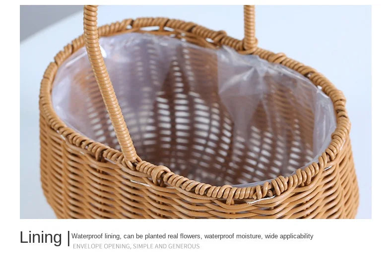 Portable Outdoor Picnic Basket Home Decorative Storage Woven Flower Pot Hand-held Rattan Wicker Accompanying Gift Floral Basket