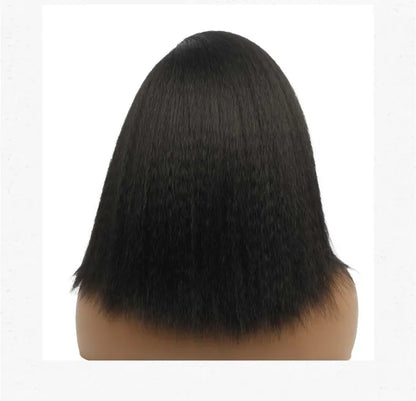 14-Inch Women's Hand Tied Synthetic Hair Wig Transparent 13*4 Frontal Bob Yaki Kinky Straight Afro Puff Side Part Side Part Yaki