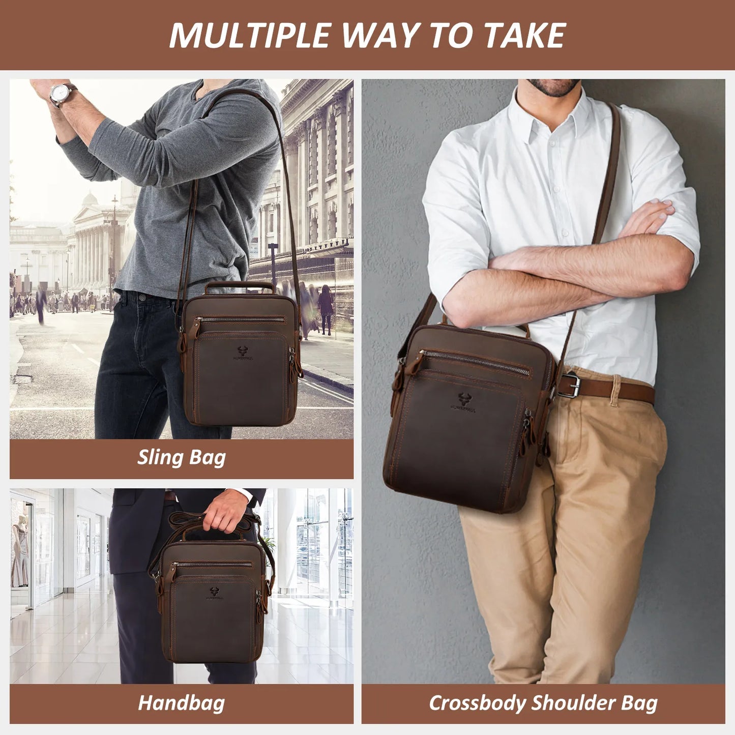 HUMERPAUL Men's Leather Shoulder Sling Bag Business Crossbody Messenger Bags for Work High Quality Male Cowhide Travel Handbag