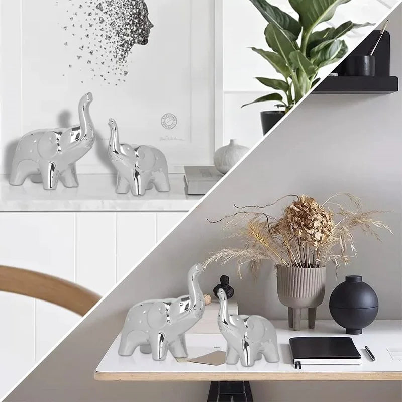 Ceramic Crafts Modern Style Figurines for Home Decor a Pair of Plated Silver Elephant Statue
