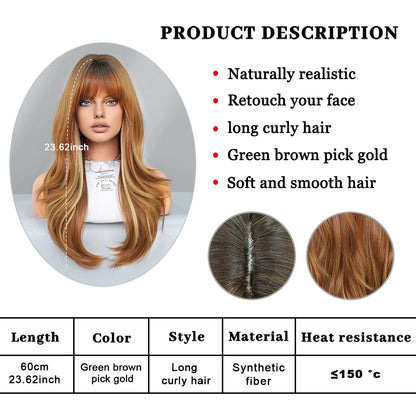 Long Curly Synthetic Wig with Bangs Highlights Honey Brown Hair Wig for Women Natural Matte Heat-resistant Fiber Hair