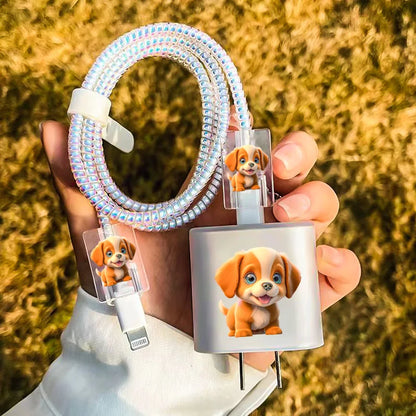 Cute Pet Dog Cat Soft TPU Protector Case for iPhone Phone Holder Stands Companion with Data Cable Charger