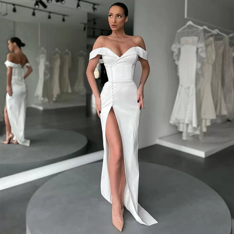 13872# Detachable Train Elegant Mermaid Wedding Dress Sexy High Side Slit Cap Sleeve Bridal Gown Lace-Up Satin Strapless Button