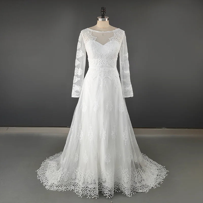 1301#  REAL PHOTO Scoop Neck Backless Beach Lace Sweep Train Boho Full Sleeve Bride Gown Wedding Dress Bridal Gown