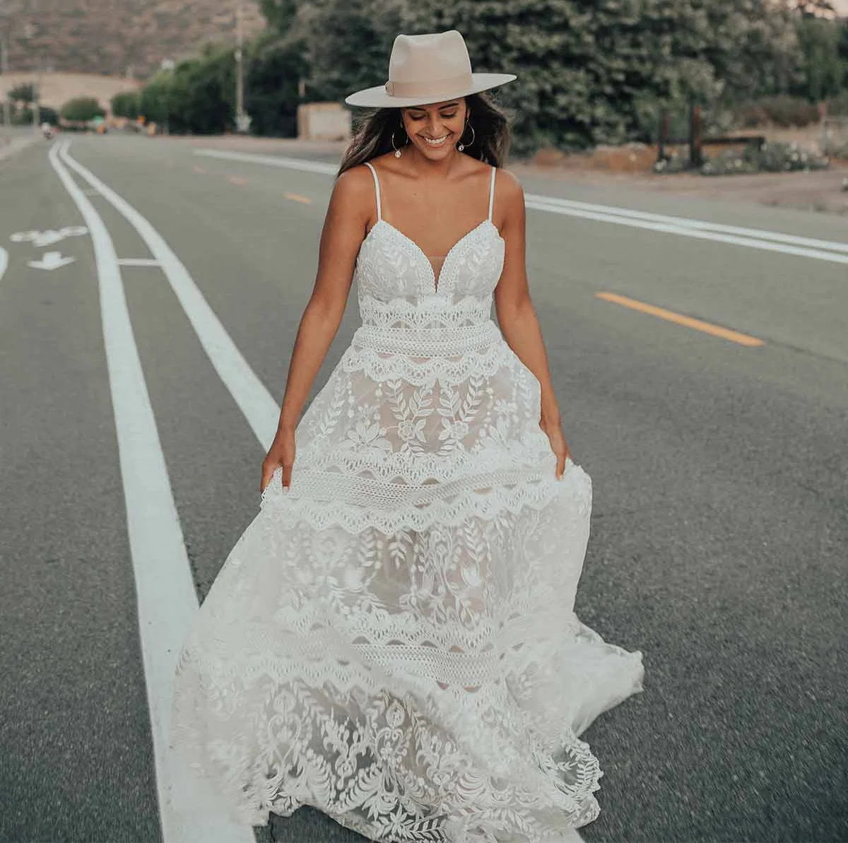 11866#Garden Sleeveless V Neck Boho Wedding Dress With Open Back Beach A-Line Lace Wedding Dress Wedding Bridal Gown