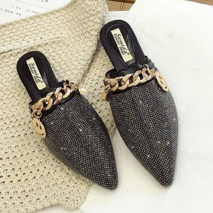 Full Rhinestone Scarpe Mule Outdoor Slippers Closed Toe Female Women Loafer Spring  Flat Shoes with Diamonds