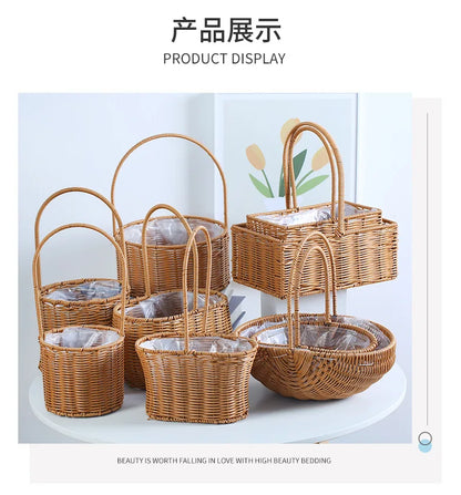 Portable Outdoor Picnic Basket Home Decorative Storage Woven Flower Pot Hand-held Rattan Wicker Accompanying Gift Floral Basket