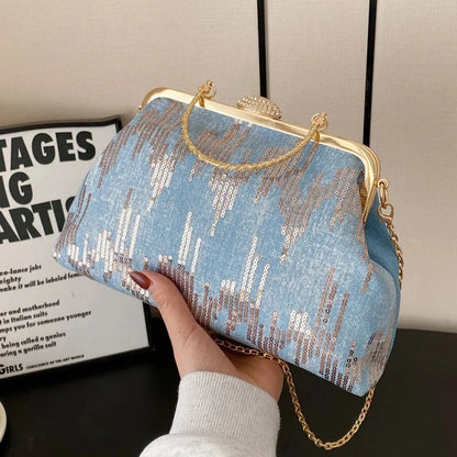 Women Denim Sequin Metal Handbags and Purse Crystal Chain Shoulder Bags Lady Party Clip Shell Designer Luxury Evening Clutch