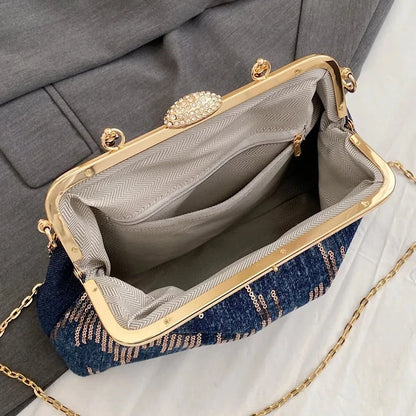 Women Denim Sequin Metal Handbags and Purse Crystal Chain Shoulder Bags Lady Party Clip Shell Designer Luxury Evening Clutch