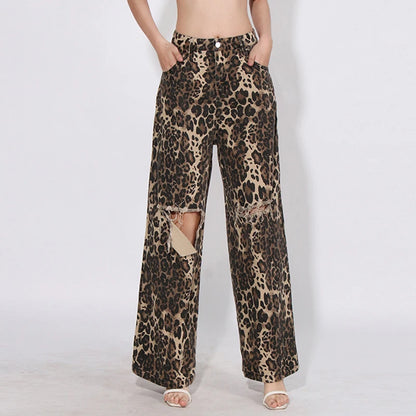 TWOTWINSTYLE Casual Vintage Fashion Leopard Denim High Waist Wide-Leg Pants Broken Holes Straight Loose Fit Breathable Design