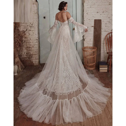 11796# Bohemian Open Back Lace Detachable Sleeves Boho V Neck Lace Spaghetti Straps Wedding Dress Wedding Bridal Gown Custom