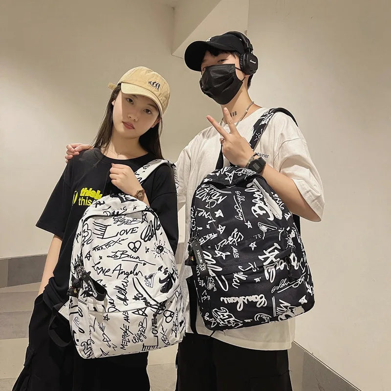 Modern Fashion Graffiti Print Nylon Backpacks Large Capacity High School Teens School Bags 17 Inch Kids Backpack
