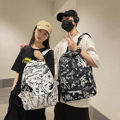 Modern Fashion Graffiti Print Nylon Backpacks Large Capacity High School Teens School Bags 17 Inch Kids Backpack