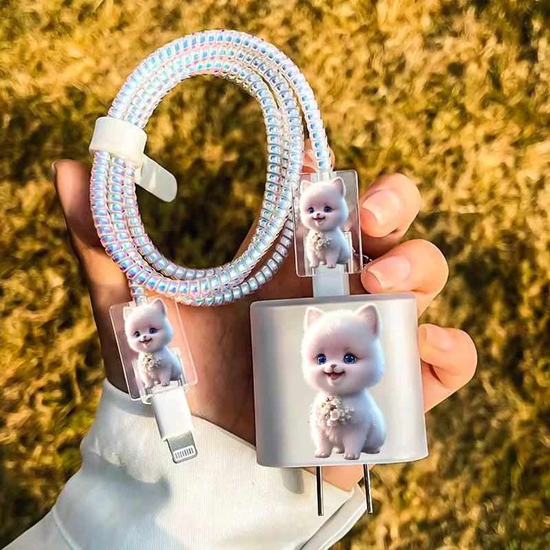 Cute Pet Dog Cat Soft TPU Protector Case for iPhone Phone Holder Stands Companion with Data Cable Charger