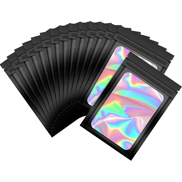 Wholesale Custom Logo Black Mylar Holographic Makeup Bags Clear Plastic Resealable Foil Packaging for Jewelry Pouches