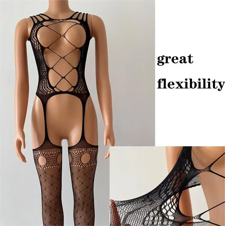 Sexy Dessous mit offenem Schritt, durchbrochenem Netzbody, sexy Strumpfhose mit Cut-Outs, Ganzkörperstrumpf