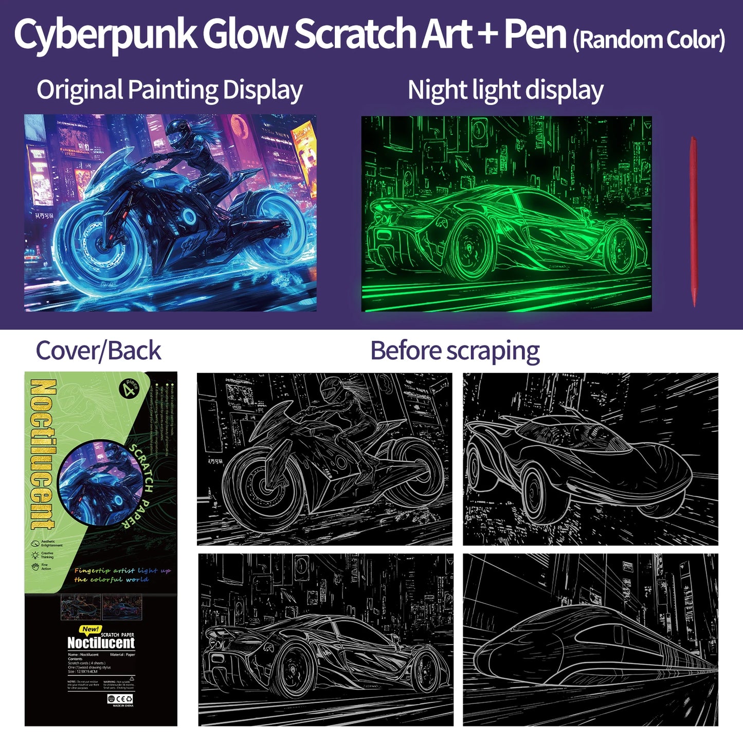 New Cyberpunk Glow in the Dark Scratch off Painting Will Shine Motorcycle Sports Car Creative Scratch Book