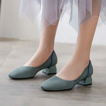 Knitted Fabric Comfortable Office Wear Formal Shoes Slippers Low Block Heels for Women