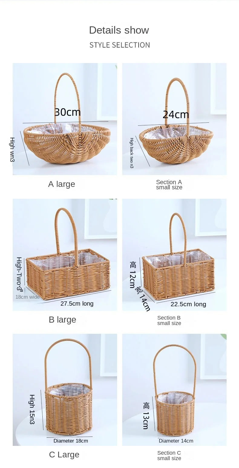 Portable Outdoor Picnic Basket Home Decorative Storage Woven Flower Pot Hand-held Rattan Wicker Accompanying Gift Floral Basket