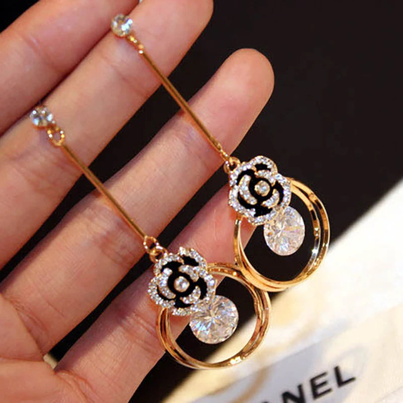 Korea Fashion Black Enamel Camellia Earrings Women Luxury brand Long Big Cubic Zirconia Drop Earrings Wedding Jewelry Z277