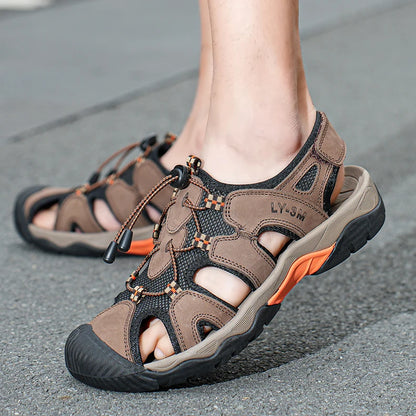 OEM Service Factory Supply Hand Made Anti Slip Comfortable Large Size Close Toe Summer Cow Genuine Leather Sandals for Men