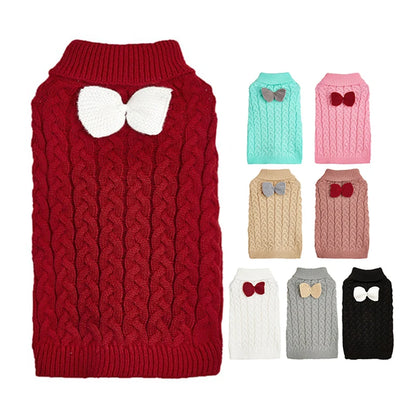 Classic Luxury Knitted Pet Dog Sweater Plain Pure Color with Cute Bow Knot 8 Animal Pattern Colors for Winter Season